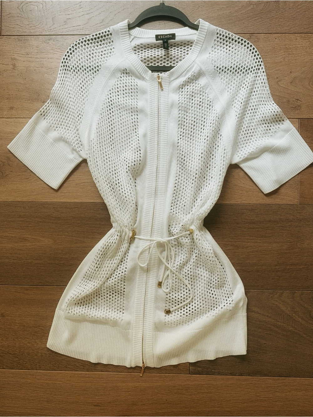 Escada White Open-Knit Zip Front Swim Coverup with Drawstring